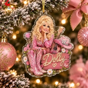Dolly Parton themed acrylic Christmas ornament with pink boots and guitar