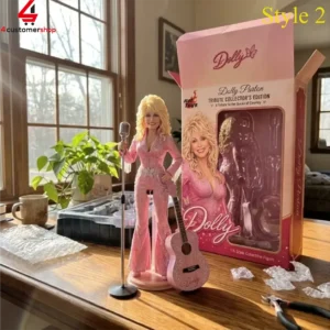 Dolly Parton 1/6 scale collectible action figure in a pink jumpsuit with microphone and guitar