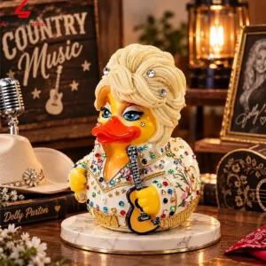 A decorative rubber duck styled as a country music icon with blonde hair, rhinestones, and a small guitar.