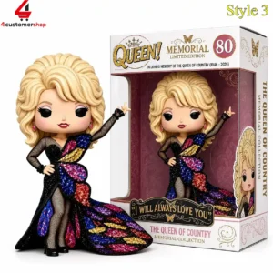 Dolly Parton Queen of Country memorial collectible figure in commemorative packaging.