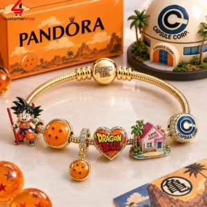 Dragon Ball themed gold charm bracelet with iconic character and location charms.