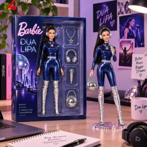 Barbie Dua Lipa signature doll in a metallic blue jumpsuit with accessories.