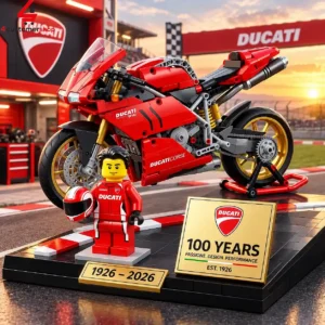 Constructible Ducati 916 motorcycle model with minifigure on race track display