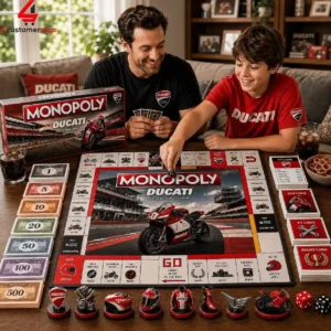 Father and son playing a Ducati themed Monopoly collector edition board game.