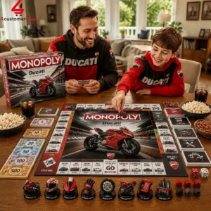 Father and son playing the Ducati Collector Edition Monopoly board game at home.