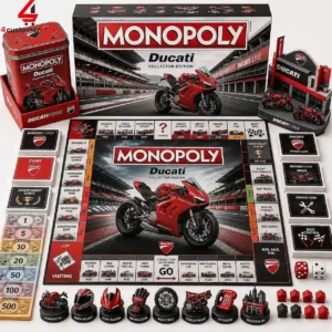 Monopoly Ducati Collector Edition board game set with motorcycle tokens and themed pieces.
