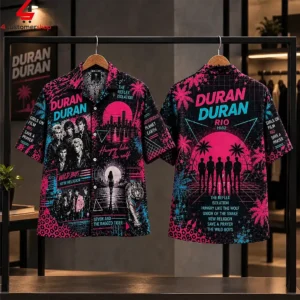 Duran Duran neon aesthetic graphic button-down shirt featuring band photos and 80s synthwave themes.