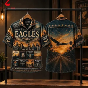 Eagles rock band short-sleeve button-down shirt displaying album artwork and desert landscape design.