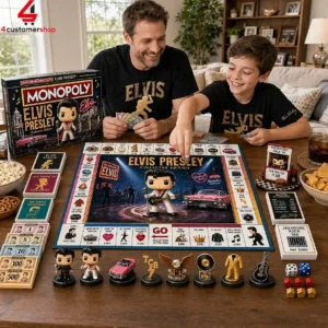 A father and son playing the Elvis Presley Collector Edition Monopoly board game at home.