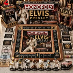 Elvis Presley Monopoly board game collection with character figurines.