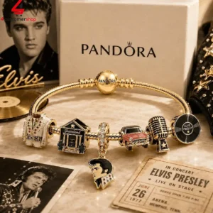 Pandora gold charm bracelet featuring iconic Elvis Presley themed charms