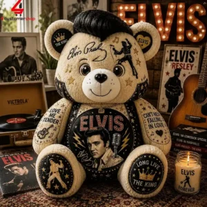 Elvis Presley themed teddy bear with music memorabilia decor