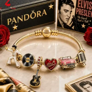 Pandora gold charm bracelet featuring iconic Elvis Presley musical motifs and character charms