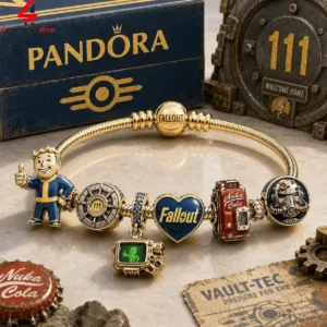 Pandora Fallout gold charm bracelet with Vault Boy and Nuka Cola charms