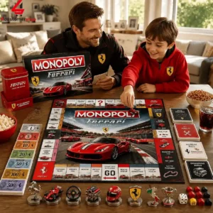 Father and son playing Ferrari collector edition Monopoly at home.