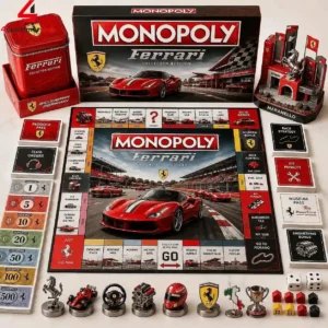 Monopoly Ferrari Collector Edition board game set with race car themed pieces and tokens.
