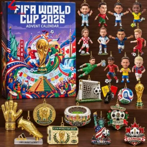 FIFA World Cup 2026 advent calendar set featuring 24 soccer player figurines and tournament ornaments.
