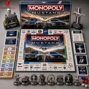 Ford Mustang collector edition Monopoly board game set with game pieces and currency.