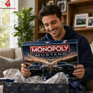 Man holding a Monopoly Mustang Collector Edition board game