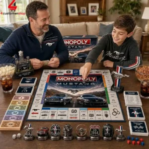 A father and son playing the Mustang collector edition of the Monopoly board game.