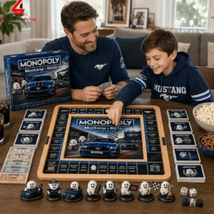 Father and son playing Monopoly Mustang x Boo board game