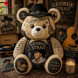 George Strait commemorative teddy bear with cowboy hat and guitar graphics