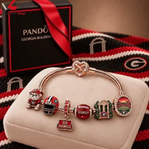 Georgia Bulldogs themed rose gold charm bracelet with school memorabilia beads