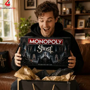Man excitedly holding the Ghost band themed Monopoly collector edition board game