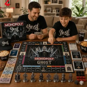 A father and son playing the Ghost band themed Monopoly board game at home.