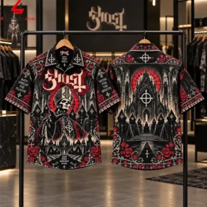 Ghost band themed button-up shirt displaying Papa Emeritus and gothic cathedral artwork