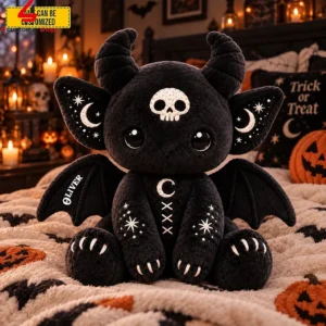 Customizable plush black devil creature with gothic moon and star embroidery