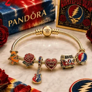 Pandora Grateful Dead gold charm bracelet featuring music icons and roses