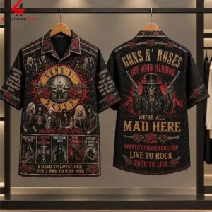Guns N' Roses themed short-sleeve button-up shirt with band imagery and song titles.