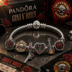 Pandora Guns N' Roses commemorative charm bracelet featuring rock-themed charms.