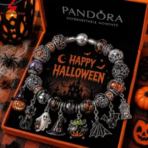 Pandora charm bracelet themed with Halloween decorations and characters