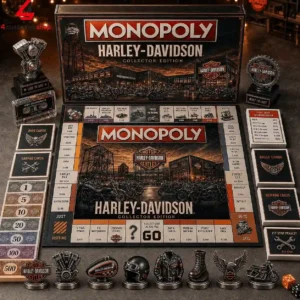 Harley-Davidson Collector Edition Monopoly board game set with specialized pieces and game components.
