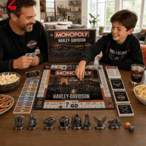 Father and son playing Harley-Davidson Monopoly collector's edition board game