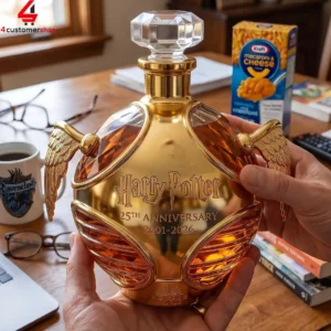 A golden commemorative Harry Potter 25th anniversary decanter shaped like a Golden Snitch.