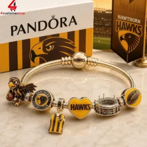 Hawthorn Hawks themed charm bracelet with logo, jersey, and stadium beads