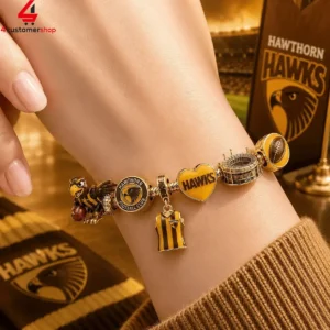 Hawthorn Hawks themed charm bracelet on a wrist