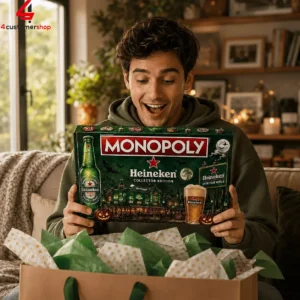 A young man excitedly unboxing a special Heineken edition Monopoly board game.