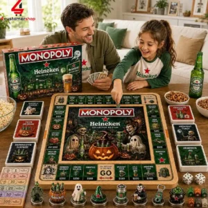 A father and daughter playing a Heineken-themed Monopoly board game at a table.