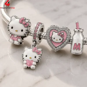 Hello Kitty themed sterling silver bracelet charms on a chain