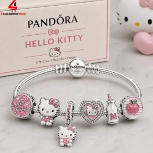 Pandora Hello Kitty themed charm bracelet with specialized silver jewelry pieces in a branded display box.
