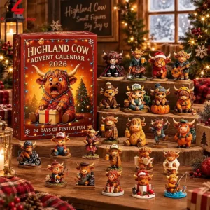 2026 Highland Cow Advent Calendar with miniature festive figurines