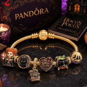Pandora Hocus Pocus themed gold charm bracelet with character beads.