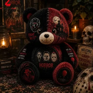 Horror-themed plush teddy bear featuring iconic movie slasher imagery