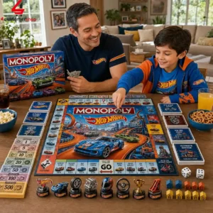 Father and son playing Hot Wheels Monopoly board game