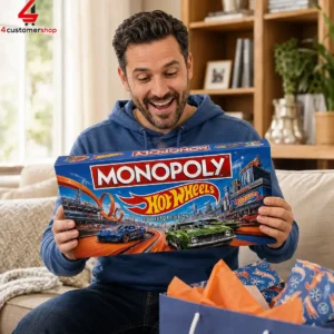 A man smiling while holding a Hot Wheels collector edition Monopoly board game box.