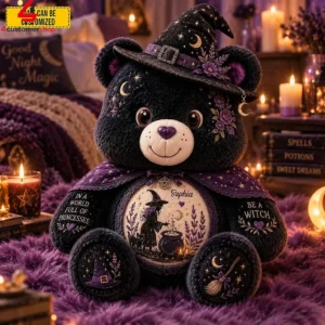 Customized black plush witch teddy bear with purple accents